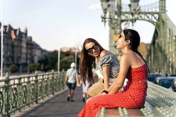 Jovens mulheres desfrutando de comunicação umas com as outras na ponte — Fotografia de Stock