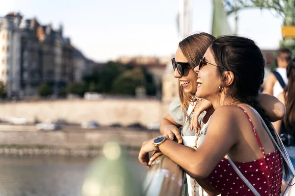 Gioioso femmina amici godendo ogni altri compagnia su ponte — Foto Stock