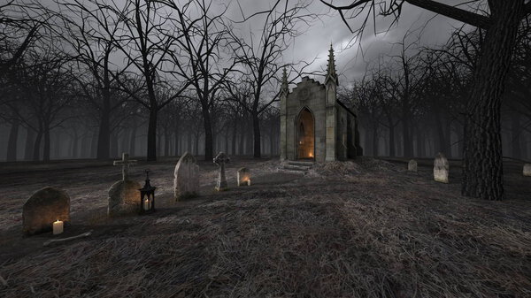 3D CG rendering of church and grave