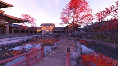 Japon tarzı malikanenin 3D görüntüsü