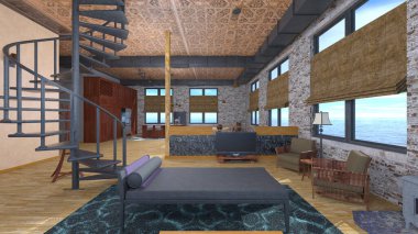 House 'un deniz kenarındaki 3D canlandırması