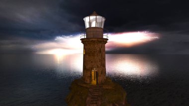 Deniz feneri manzarasının 3B CG görüntülemesi