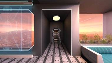 Büyük pencereli oturma odasının 3B görüntüsü