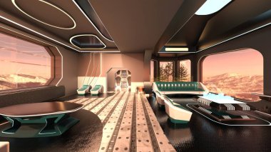 Büyük pencereli oturma odasının 3B görüntüsü