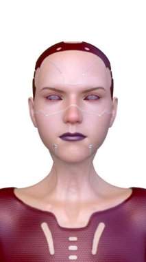 Dişi bir sayborgun yüzünün 3 boyutlu görüntüsü.