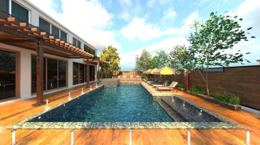 Dış yüzme havuzunun 3D görüntüsü