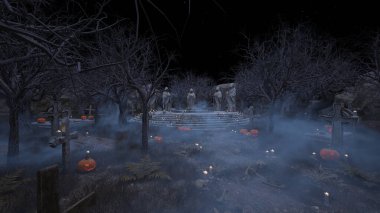 Bir rahibe heykeliyle avlunun 3D görüntüsü.