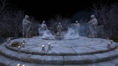 Bir rahibe heykeliyle avlunun 3D görüntüsü.