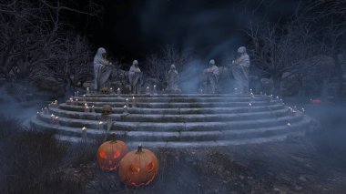 Bir rahibe heykeliyle avlunun 3D görüntüsü.