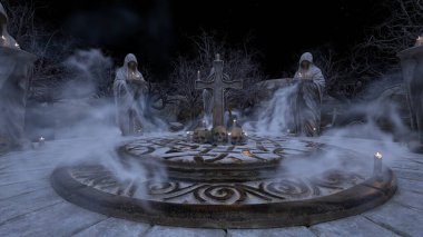 Bir rahibe heykeliyle avlunun 3D görüntüsü.