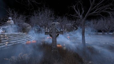 Bir rahibe heykeliyle avlunun 3D görüntüsü.