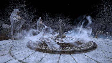 Bir rahibe heykeliyle avlunun 3D görüntüsü.