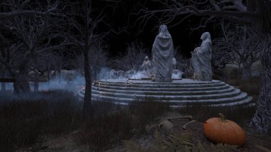 Bir rahibe heykeliyle avlunun 3D görüntüsü.