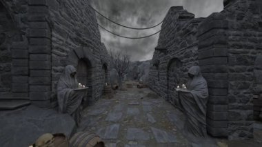 Bir rahibe heykeliyle avlunun 3D görüntüsü.