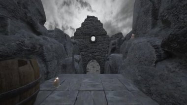 Bir rahibe heykeliyle avlunun 3D görüntüsü.