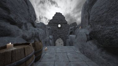 Bir rahibe heykeliyle avlunun 3D görüntüsü.