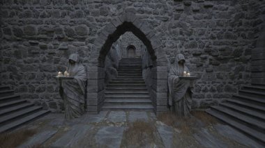 Bir rahibe heykeliyle avlunun 3D görüntüsü.