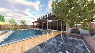 Dış yüzme havuzunun 3D görüntüsü