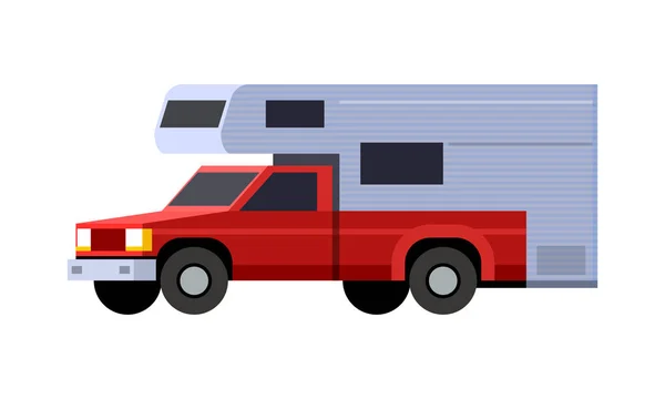 ミニマル アイコンの赤いピックアップ トラック フロント サイド ビューでキャンピングカーのシェル キャンピングカー シェル車両 分離したベクトル図 — ストックベクタ