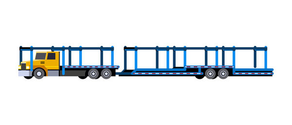 Minimalistic icon car carrier truck front side view. Car hauler with trailer vehicle. Vector isolated illustration.