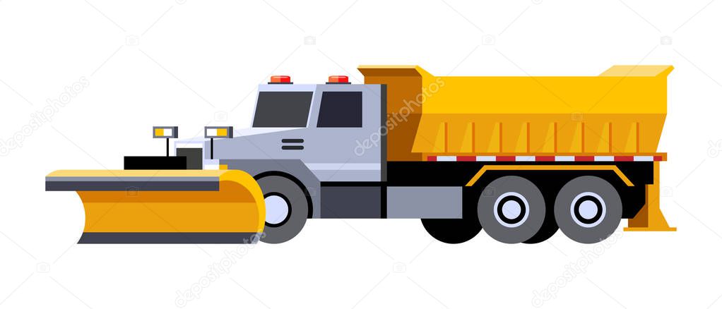 Minimalistic icon snow plow truck front side view. Utility snow removal vehicle. Vector isolated illustration.