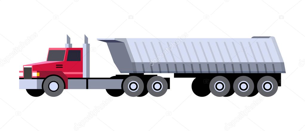 Minimalistic icon semi-trailer tractor dump truck front side view. Dumper vehicle. Vector isolated illustration.