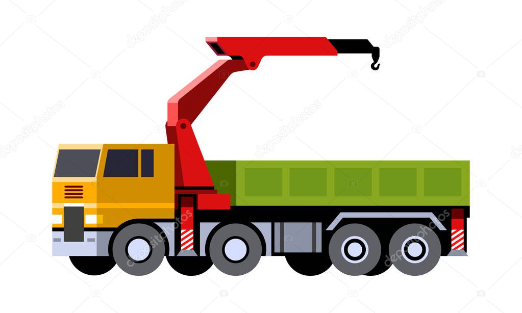 Minimalistic icon knuckle boom crane truck front side view. Mobile crane vehicle. Modern vector isolated illustration. COE - cab over engine