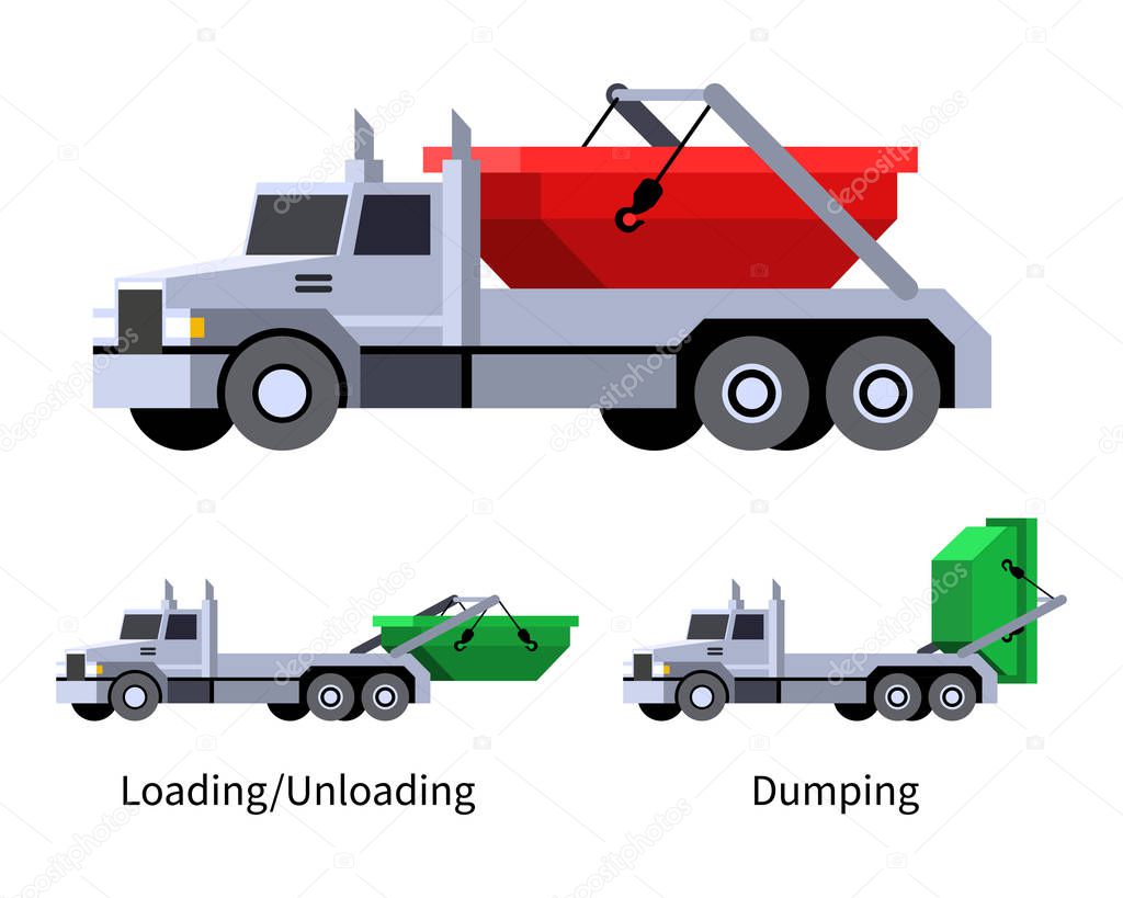 Minimalistic icon lugger truck front side view. Refuse dumpster vehicle. Modern vector isolated illustration.