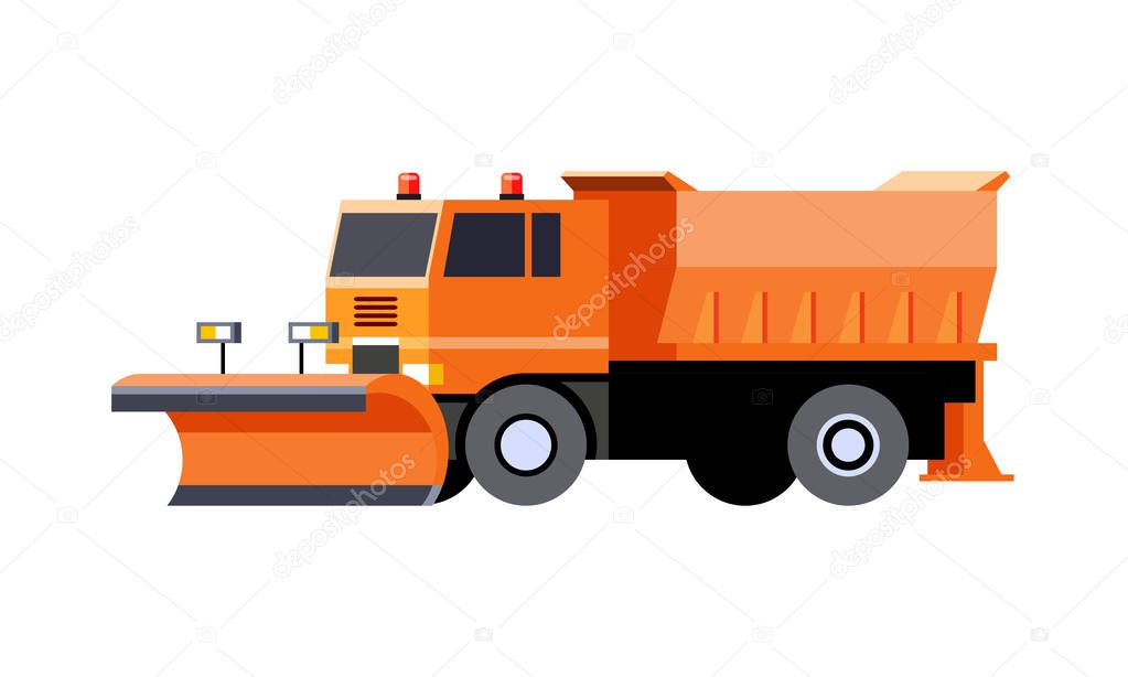 Minimalistic icon snow plow truck front side view. Utility snow removal vehicle. Vector isolated illustration. COE - cab over engine