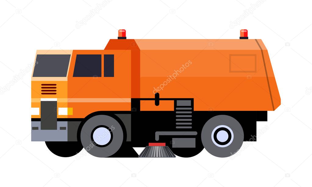 Minimalistic icon city sweeper truck front side view. Street sweeper vehicle. Modern vector isolated illustration. COE - cab over engine