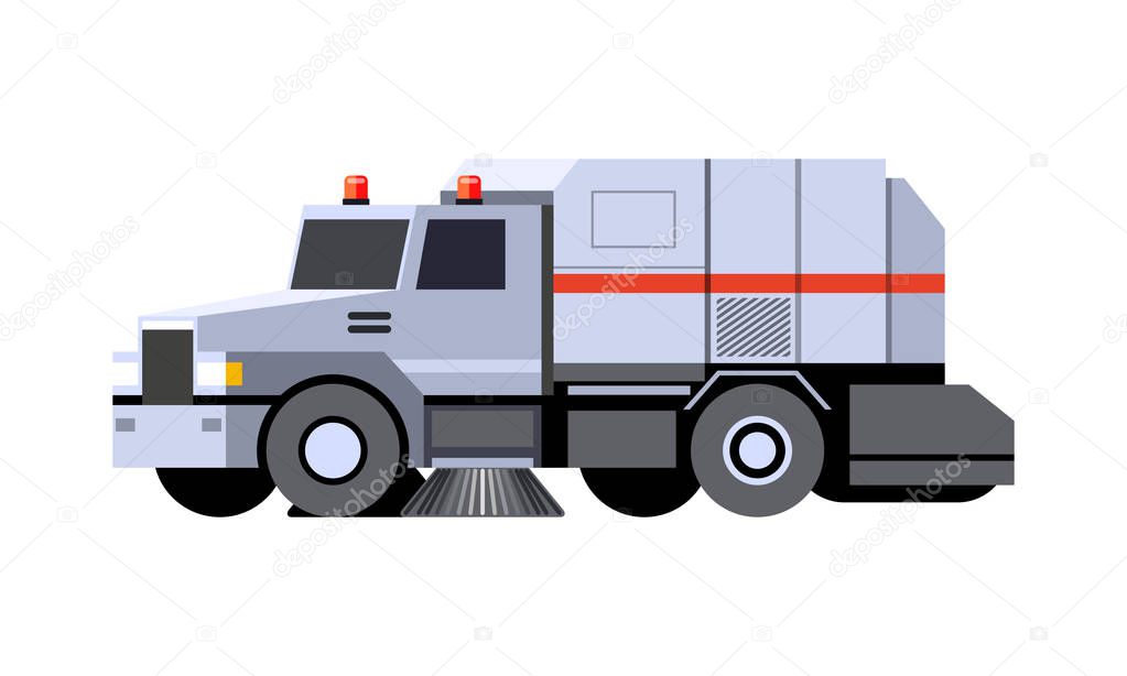 Minimalistic icon city sweeper truck front side view. Street sweeper vehicle. Modern vector isolated illustration. COE - cab over engine