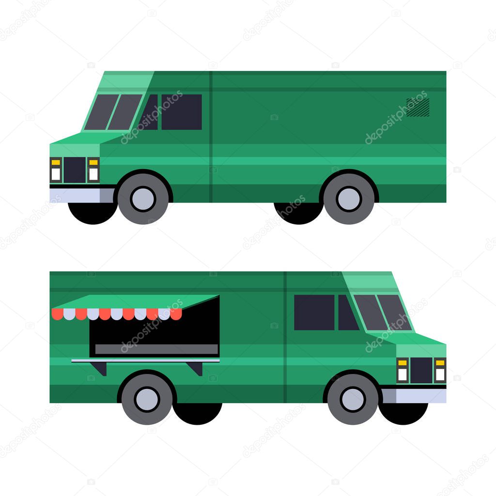 Minimalistic icon food truck front side view. Panel van vehicle. Vector isolated illustration.