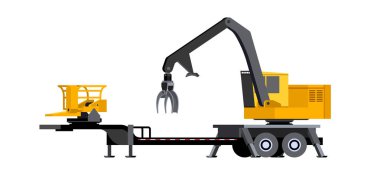 Minimalist simgesi günlüğü yükleyici delimber ve bar ile işkence ön görünüm gördüm. Worknig, delimbing, kesme ve ahşap kazık sıralama için orman alanı için günlük yükleyici araç. İzole Modern vektör çizim.