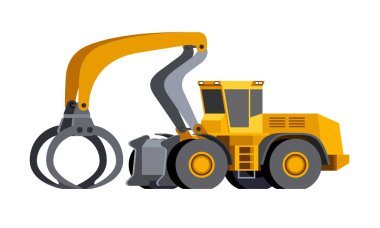 Minimalist simge günlük işleyicisi ön görünümü. Günlük işleyicisi yüksek-lift araç, çalışmak için değirmen veya kereste bahçesinde gördüm. İzole Modern vektör çizim.