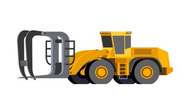Minimalist simgesi ahşap işleme Tekerlekli yükleyici ön görünümünü. Boşaltma günlükleri araç, çalışmak için değirmen veya kereste bahçesinde gördüm. İzole Modern vektör çizim.
