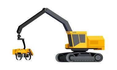 Minimalistic icon log harvester. Harvester vehicle for worknig at forest area for delimbing, cutting and sorting wood pile. Modern vector isolated illustration. clipart