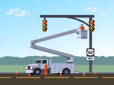 Karayolu trafik ışıklarında onarmalarını veya kova kamyon Servisi elektrikçi işçi. Hava iş kova aracı. Modern vektör çizim.