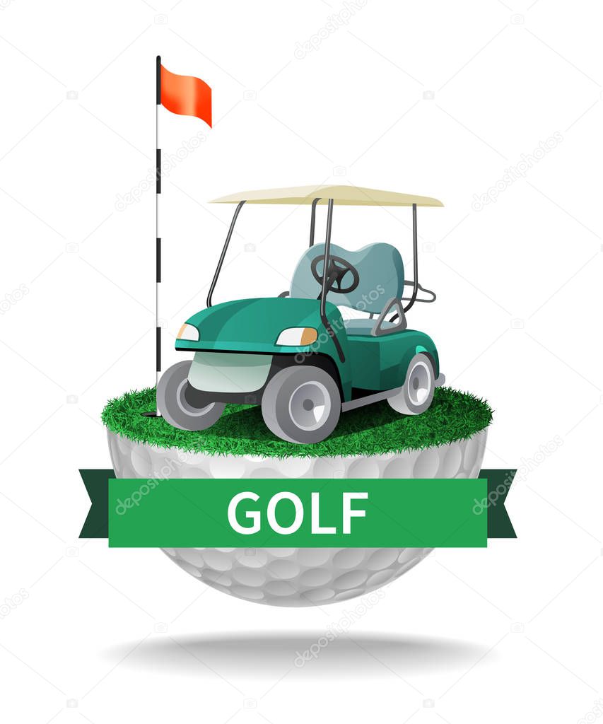 Golf cart on half golf ball with grass. Abstract isolated color vector illustration