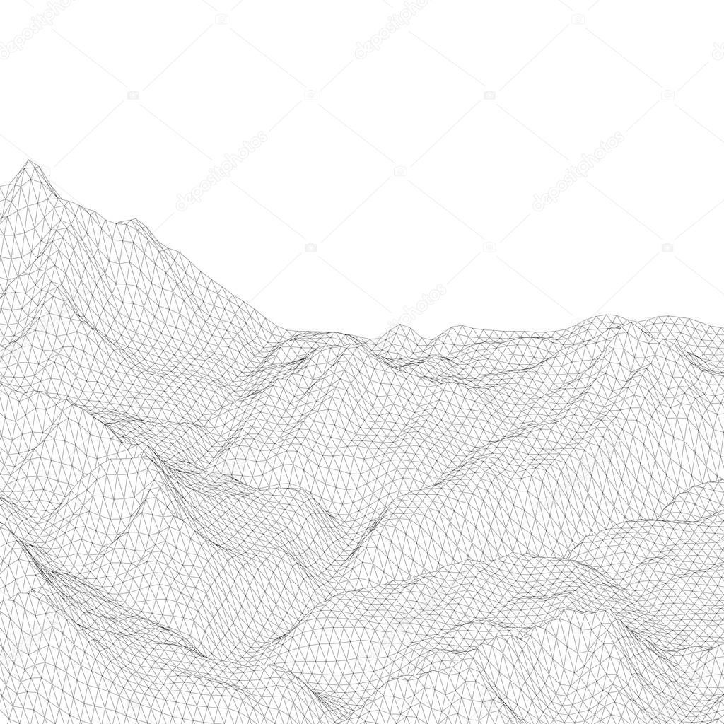 Abstract vector wireframe surface. Black and white polygonal mesh landscape. Vector illustration