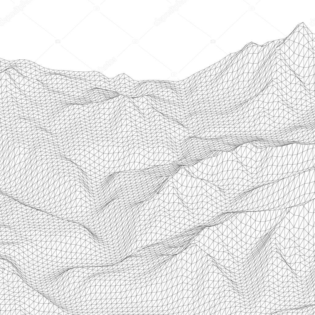 Abstract vector wireframe surface. Black and white polygonal mesh landscape. Vector illustration