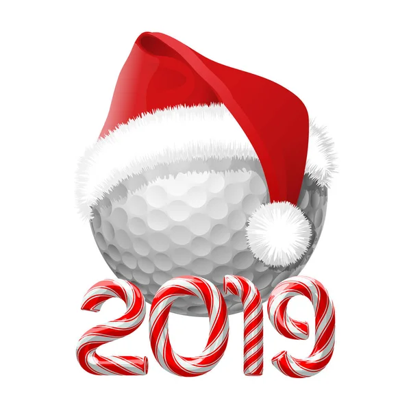 Golfball Mit Weihnachtsmütze Darauf Mit Zuckerrohrnummern Für Die Neujahrsferien 2019 — Stockvektor