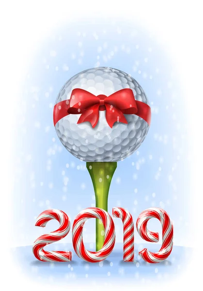 Golfball Mit Roter Schleife Abschlag Mit Zuckerrohrnummern Für Die Neujahrsferien — Stockvektor