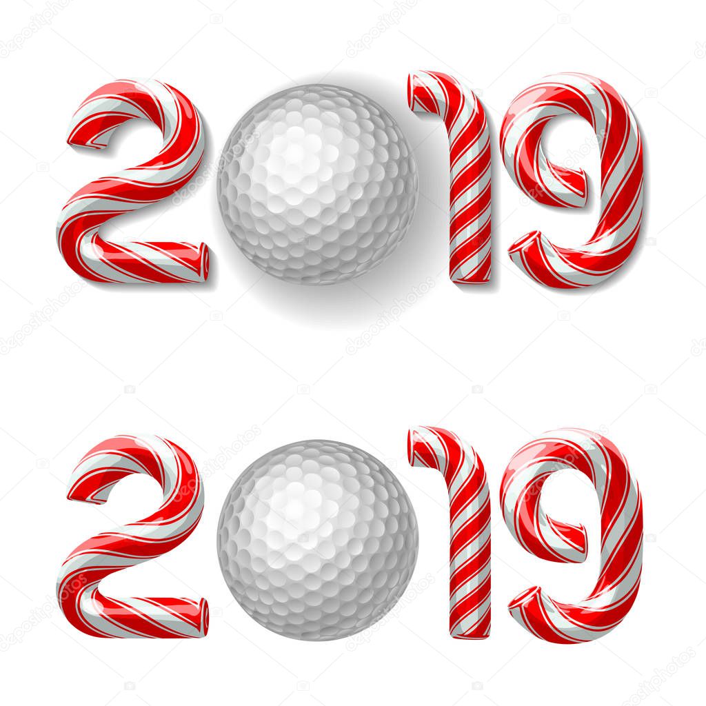 Golf ball with candy cane numbers of 2019 new year holiday on white background. Vector isolated illustration