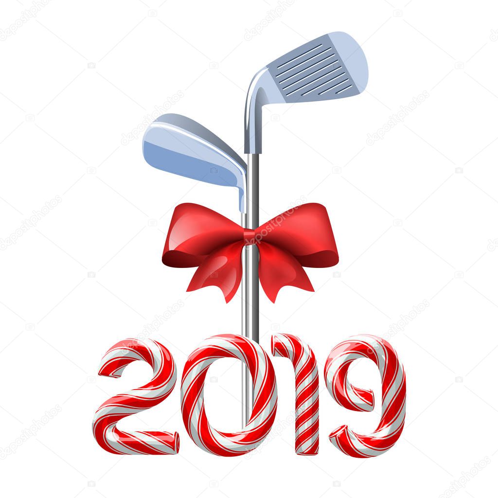 Golf irons tied with a red bow with candy cane numbers of 2019 new year holiday. Vector isolated illustration on white background