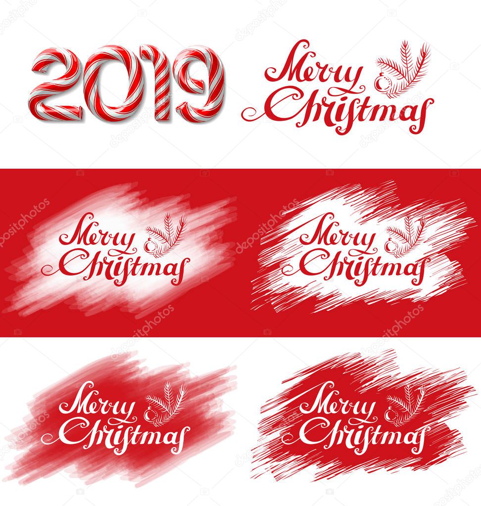 Merry Christmas text lettering with evergreen pine branch and candy cane number of 2019