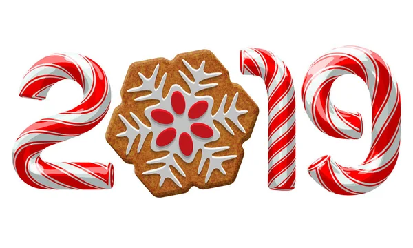 Zuckerrohrnummern Des Neujahrsfestes 2019 Mit Lebkuchen Schneeflockenkeks Auf Weißem Hintergrund — Stockvektor
