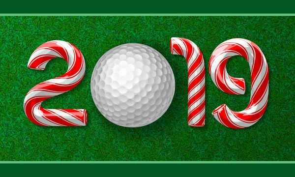 Golfball Mit Zuckerrohrnummern Der Neujahrsferien 2019 Auf Gras Hintergrund Vektorillustration — Stockvektor