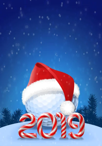 Golfball Mit Weihnachtsmütze Darauf Mit Zuckerrohrnummern Des Neujahrsfestes 2019 Auf — Stockvektor