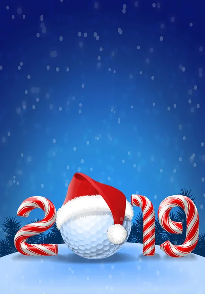 Golfball Mit Weihnachtsmütze Darauf Mit Zuckerrohrnummern Des Neujahrsfestes 2019 Auf — Stockvektor