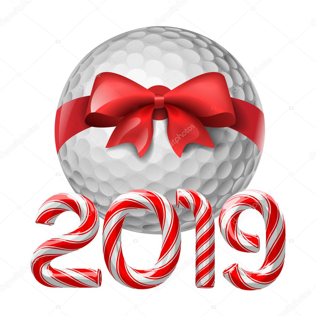 Golf ball tied with a red bow with candy cane numbers of 2019 new year holiday. Vector isolated illustration on white background